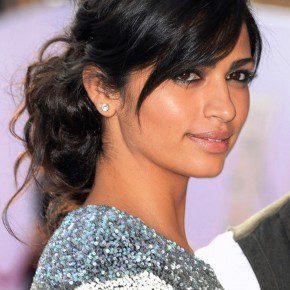 Camila Alves Easy Black Updo With Side Swept Bangs For Long Hair