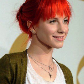 Hayley Williams Cute Red Loose Bun Updo With Blunt Bangs