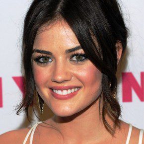 Lucy Hale Black Loose Bun Updo With Center Part Bangs