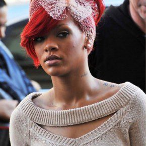 Rihanna Red Updo With Hair Bow